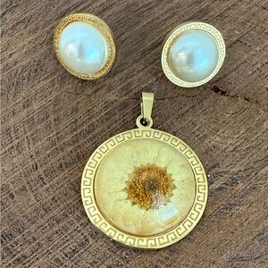 Gold Toned Faux Pearl Earrings and Resin Floral Pendant